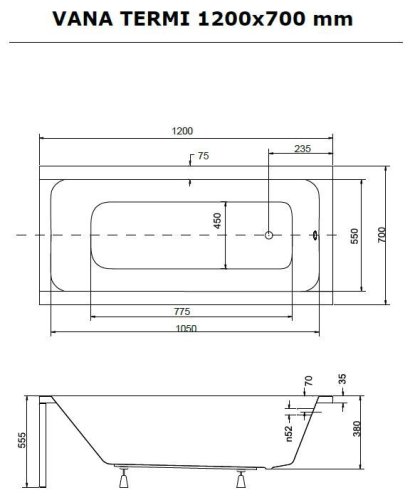 BESCO Obdélníková vana TERMI Nožičky k vaně - Bez nožiček, Rozměr vany - 120 × 70 cm OLVTER12