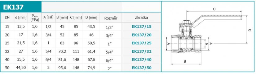 NOVASERVIS EKO kulový kohout s pákou MM 1/2", EK137/15