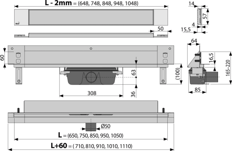 ALCA Odtokový systém pro zabudování do stěny, kryt pro vložení obkladu, osvětlení zelená APZ5-TWIN+AEZ122-1050