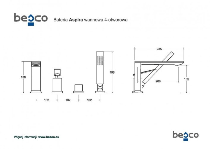 BESCO 4 - otvorová vanová baterie ASPIRA chrom s příslušenstvím BABWA4CH