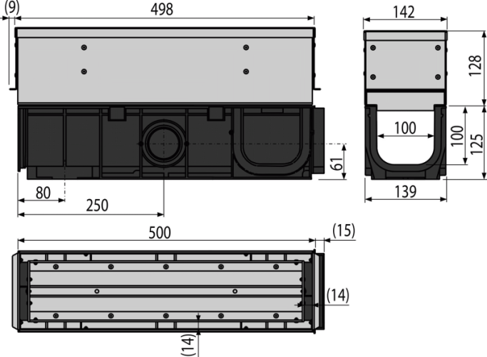 ALCA Venkovní žlab štěrbinový se symetrickým revizním nástavcem 100 mm, pozinkovaná ocel AVZ101S-R123R
