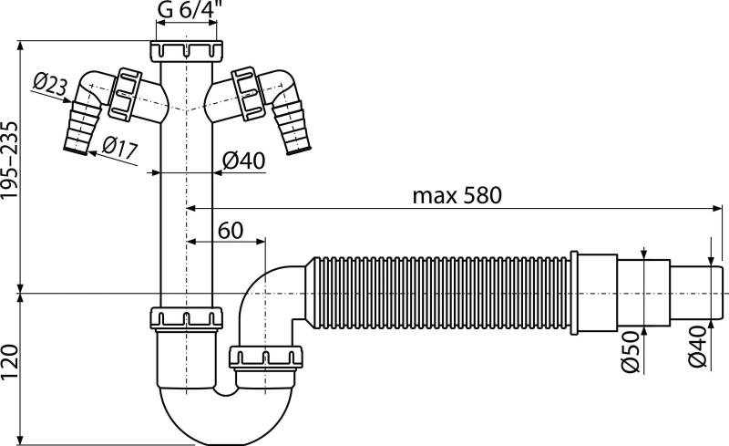 ALCA Sifon trubkový s převlečnou maticí 6/4", dvěma přípojkami a flexi hadicí A84-DN50/40
