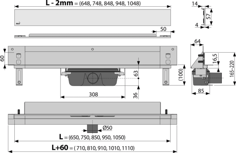 ALCA Odtokový systém pro zabudování do stěny, kryt nerez-mat, osvětlení modrá APZ5-SHADE+AEZ121-650