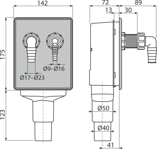 ALCA Sifon pračkový podomítkový pro napojení dvou spotřebičů, nerez DN40 a DN50 APS6
