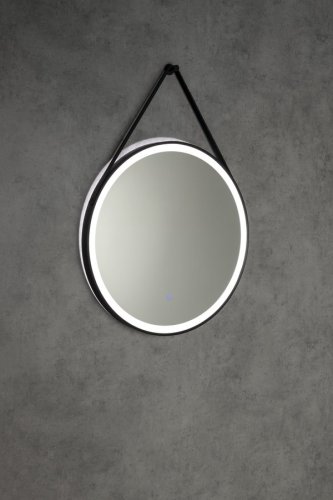 Aqualine STAGO kulaté zrcadlo s LED osvětlením ø 60cm, kožený pásek, dotykový senzor, stmívatelné, černá mat SG060