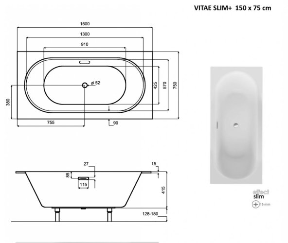 BESCO Obdélníková vana VITAE SLIM+ Barva sifonu - Černá, Nožičky k vaně - Bez nožiček, Rozměr vany - 150 × 75 cm VANVIT15SLIMPLB