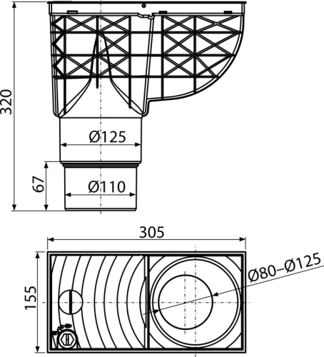 ALCA Univerzální lapač střešních splavenin 300×155/125/110 mm přímý, černá AGV4