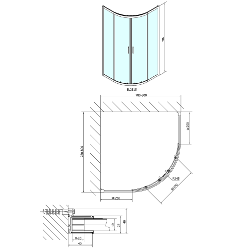 Polysan EASY čtvrtkruhová sprchová zástěna 800x800mm, L/R, čiré sklo EL2515