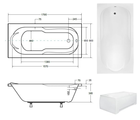 BESCO Obdélníková vana VINDOBONA Nožičky k vaně - S nožičkami, Rozměr vany - 180 × 80 cm OLVVIN18+OLVPINOZ