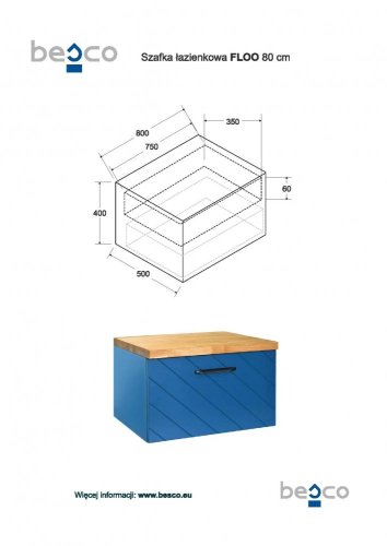 BESCO Spodní skříňka FLOO modrá matná Barva - Modrá, Madla - Zlatá, Rozměr A - 80 cm, Rozměr B - 50 cm, Rozměr C - 40 cm, Způsob provedení - Pravá varianta NASUF854CZP