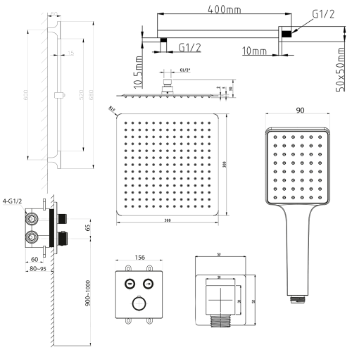 Sapho SMART SELECT podomítkový sprchový set s termostatickou baterií, 2 výstupy, posuvný držák sprchy, černá mat RP042B-02