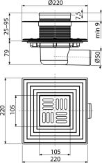 ALCA Podlahová vpust 105×105/50 mm boční, mřížka nerez, nerezová příruba a límec 2. úrovně izolace, kombinovaná zápachová uzávěra SMART APV1324