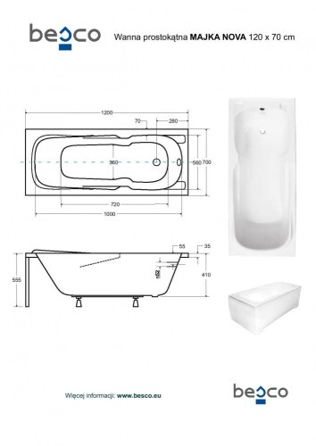 BESCO Obdélníková vana MAJKA NOVA Nožičky k vaně - Bez nožiček, Rozměr vany - 120 × 70 cm VANMAJN120