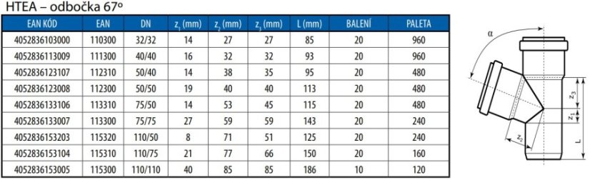 HT PLUS HTEA odbočka odpadní DN40/40, 67°, PP, šedá, 111300