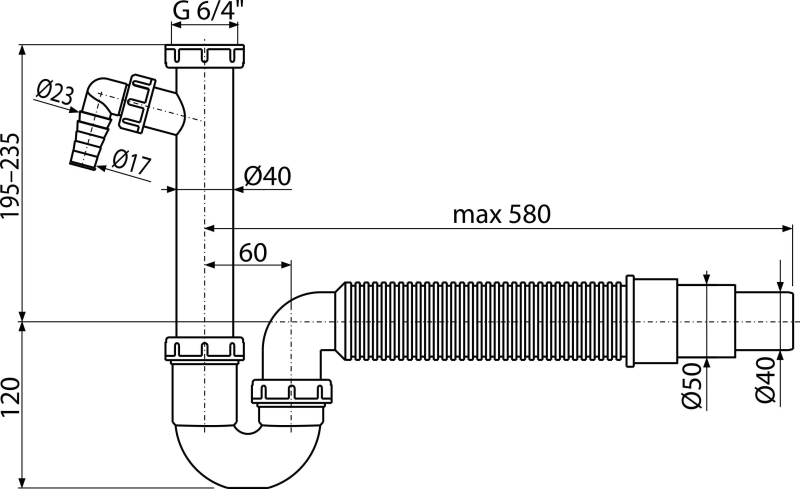 ALCA Sifon trubkový s převlečnou maticí 6/4", přípojkou a flexi hadicí A83-DN50/40
