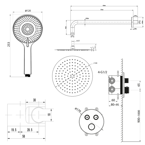 Sapho SMART SELECT podomítkový sprchový set s termostatickou baterií, 2 výstupy, vyústění, černá mat RP032B-01