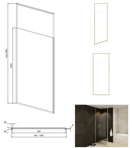 BESCO Walk-in sprchový kout ICON GOLD Barva rámu - Zlatá, Rozměr A - 100 cm, Rozměr C - 200 cm, Výplň - Čiré bezpečnostní sklo - 8 mm BCICON10GC