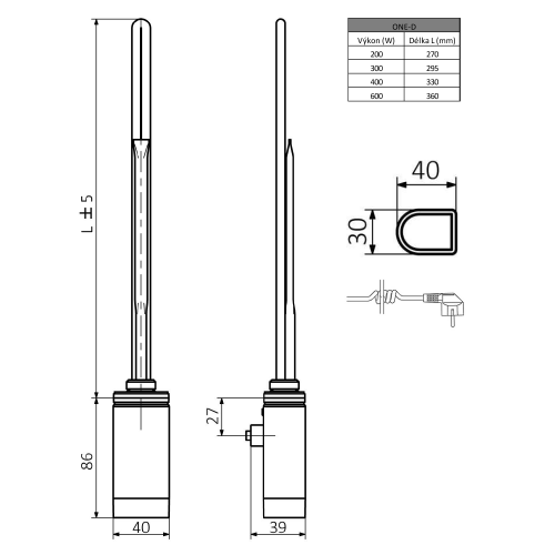 Sapho ONE D topná tyč s termostatem, 600 W, levá, chrom ONE-DL-C-600