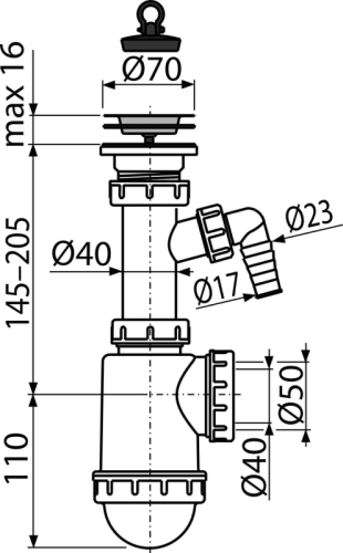 ALCA Sifon dřezový s nerezovou mřížkou DN70 a přípojkou A441P-DN50/40