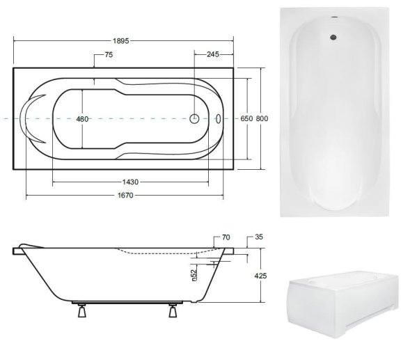 BESCO Obdélníková vana VINDOBONA Nožičky k vaně - S nožičkami, Rozměr vany - 190 × 80 cm OLVVIN19+OLVPINOZSTELWD