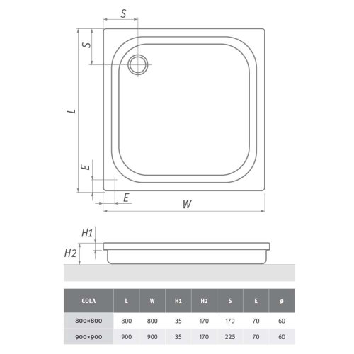 ROTH COLA sprchová vanička 800x800x170mm akrylátová, čtvercová, bílá, 8000003