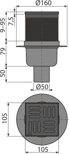 ALCA Podlahová vpust 105×105/50 mm přímá, mřížka nerez černá-mat, kombinovaná zápachová uzávěra SMART APV32BLACK