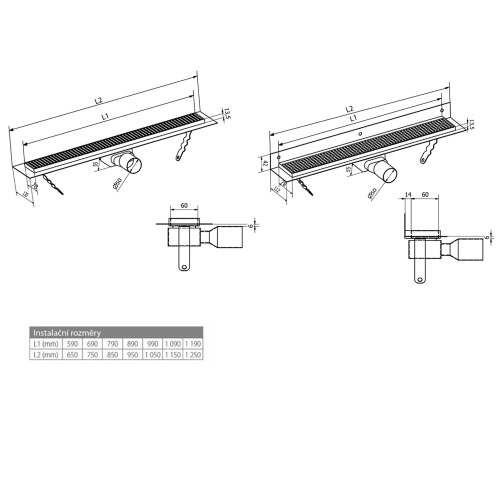 Gelco MANUS QUADRO nerezový podlahový žlab s roštem, L-1050, DN50 GMQ36