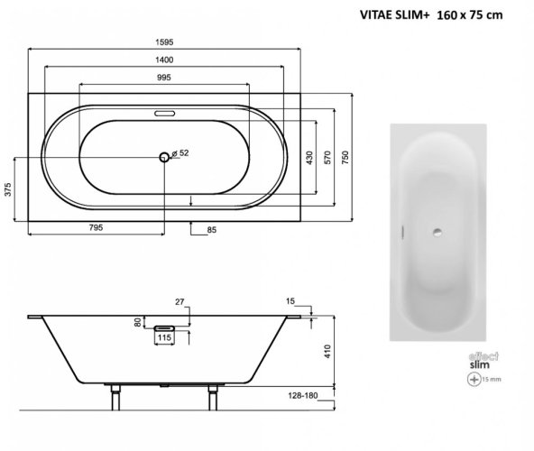 BESCO Obdélníková vana VITAE SLIM+ Barva sifonu - Černá, Nožičky k vaně - S nožičkami, Rozměr vany - 160 × 75 cm VANVIT16SLIMPLB+OLVPINOZ