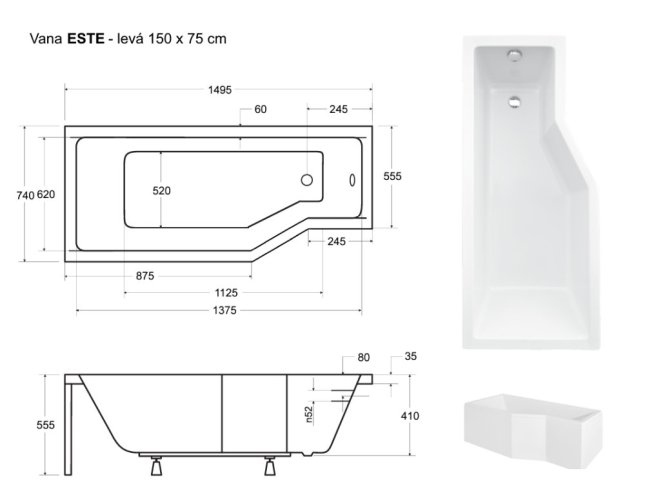 BESCO Asymetrická vana ESTE Nožičky k vaně - Bez nožiček, Rozměr vany - 150 × 75 cm, Způsob provedení - Levé VANEST15L