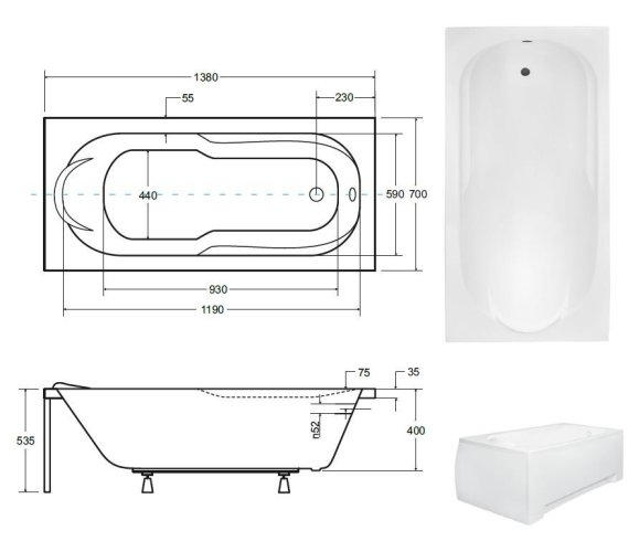 BESCO Obdélníková vana VINDOBONA Nožičky k vaně - S nožičkami, Rozměr vany - 140 × 70 cm OLVVIN14+OLVPINOZ