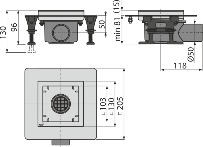 ALCA Podlahová vpust nerezová nízká 130×130 mm boční, bez mřížky, Kombinovaná zápachová uzávěra SMART APV120