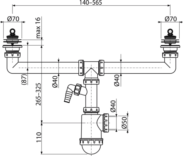 ALCA Sifon pro dvoudřez s nerezovými mřížkami DN70 a přípojkou A449P-DN50/40
