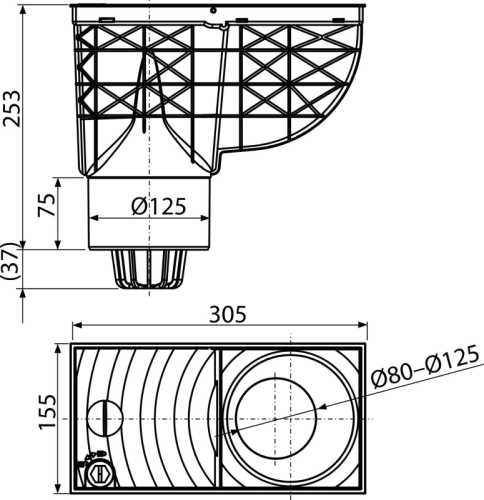 ALCA Univerzální lapač střešních splavenin 300×155/125 mm přímý, šedá AGV2S