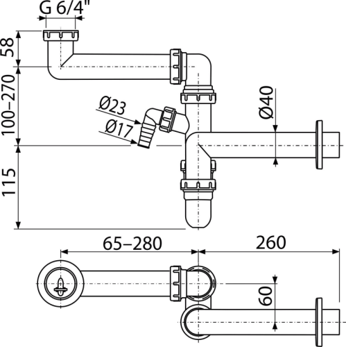 ALCA Prostorově úsporný dřezový sifon s přípojkou a převlečnou maticí 6/4" A872P