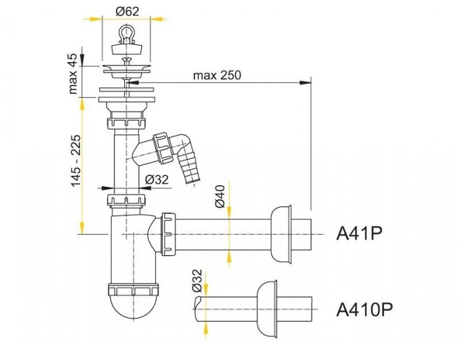 ALCAPLAST sifon umyvadlový O40 s přípojkou a nerezovou mřížkou O63, A41P