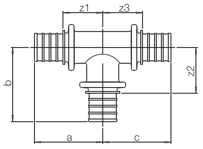 REHAU RAUTHERM T-kus - odbočka redukovaná 25x2,3 mm x 17x2,0/16x1,5 mm x 25x2,3 mm, 12535691002