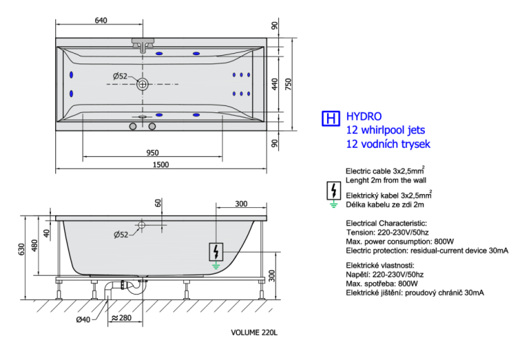 Polysan CLEO HYDRO hydromasážní vana, 150x75x48cm, bílá 27611H