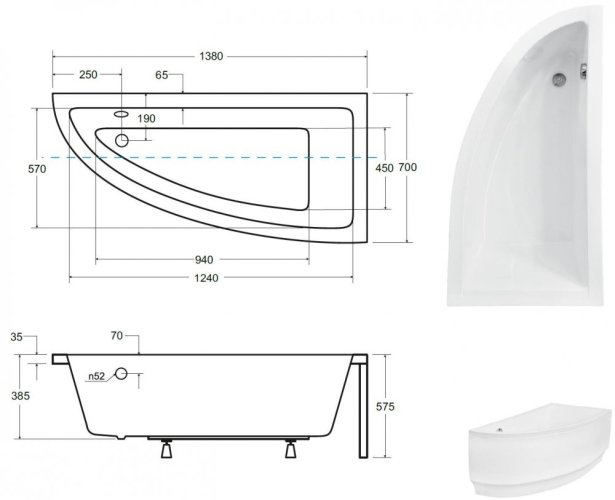 BESCO Asymetrická vana FONDI Nožičky k vaně - Bez nožiček, Rozměr vany - 150 × 70 cm, Způsob provedení - Pravé OLVFON15P