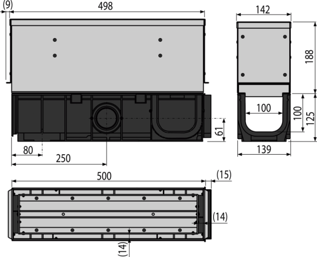 ALCA Venkovní žlab štěrbinový se symetrickým revizním nástavcem 160 mm, pozinkovaná ocel AVZ101S-R124R