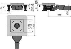 ALCA Podlahová vpust nerezová extra-nízká 130×130 mm boční, bez mřížky, Kombinovaná zápachová uzávěra SMART APV110