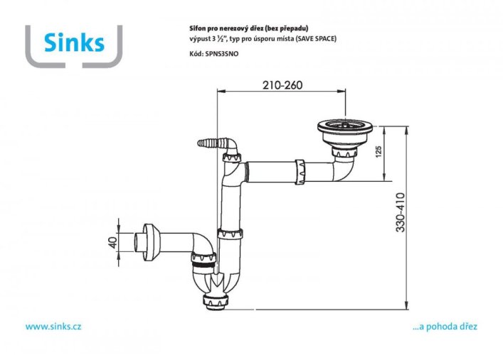 Sinks Sifon 3 ½" pro nerez. dřezy (bez přepadu) s úsporou místa SPNS3SNO