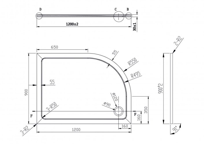 Olsen Spa Asymetrická čtvrtkruhová sprchová vanička VENETS Rozměr A - 120 cm, Rozměr B - 90 cm, Způsob provedení - Levá VANKASCTVR9012L