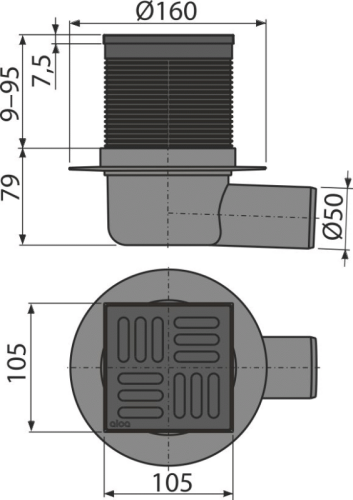 ALCA Podlahová vpust 105×105/50 mm boční, mřížka nerez černá-mat, kombinovaná zápachová uzávěra SMART APV31BLACK