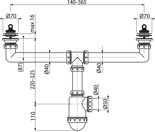 ALCA Sifon pro dvoudřez s nerezovými mřížkami DN70 A449-DN50/40