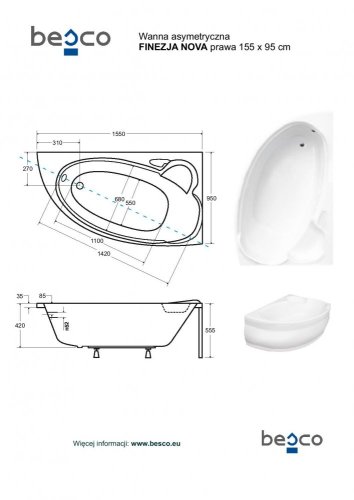 BESCO Asymetrická vana FINEZJA NOVA Nožičky k vaně - Bez nožiček, Rozměr vany - 155 × 95 cm, Způsob provedení - Pravé VANFINN155P