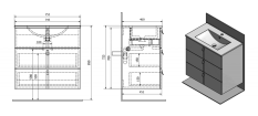 Sapho MITRA umyvadlová skříňka, 3 zásuvky, 74,5x70x45,2 cm, bordó MT083