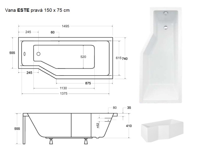 BESCO Asymetrická vana ESTE Nožičky k vaně - Bez nožiček, Rozměr vany - 150 × 75 cm, Způsob provedení - Pravé VANEST15P