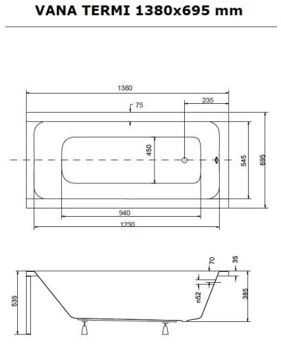 BESCO Obdélníková vana TERMI Nožičky k vaně - Bez nožiček, Rozměr vany - 130 × 70 cm OLVTER13