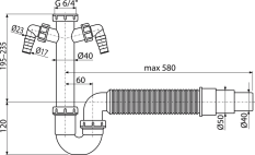 ALCA Sifon trubkový s převlečnou maticí 6/4", dvěma přípojkami a flexi hadicí A84-DN50/40