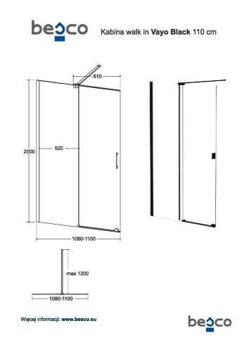 BESCO Walk-in sprchový kout VAYO GOLD Barva rámu - Zlatá, Rozměr A - 110 cm, Rozměr C - 200 cm, Směr zavírání - Univerzální Levé / Pravé, Výplň - Čiré bezpečnostní sklo - 8 mm BCVAYO110GC